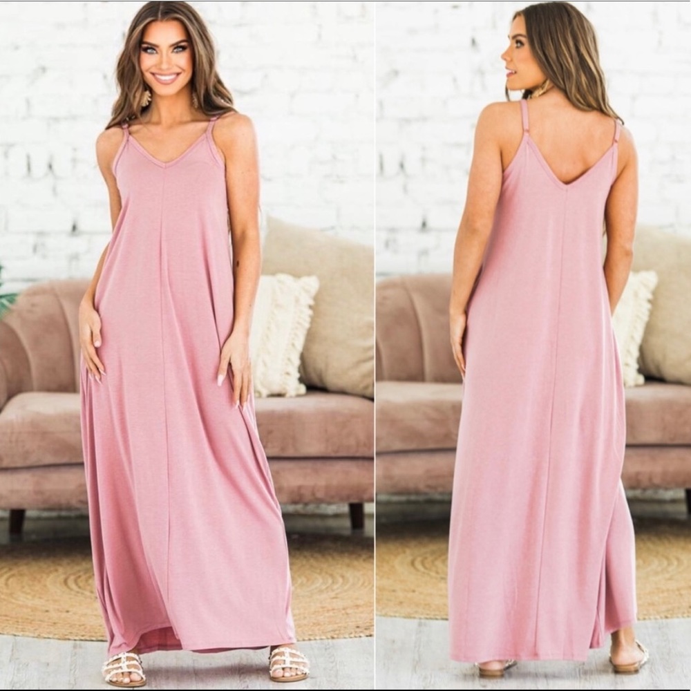Mauve Vneck Cami Maxi Dress Oversized Women’s Pockets, NWT